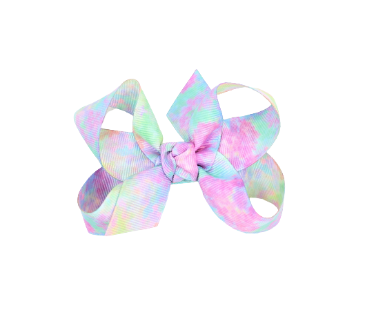 TYE DYE BOWS: 5.5" XL. TIE DYED BOW W/ KNOT ON ALLIGATOR CLIP