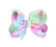 TYE DYE BOWS: 5.5" XL. TIE DYED BOW W/ KNOT ON ALLIGATOR CLIP