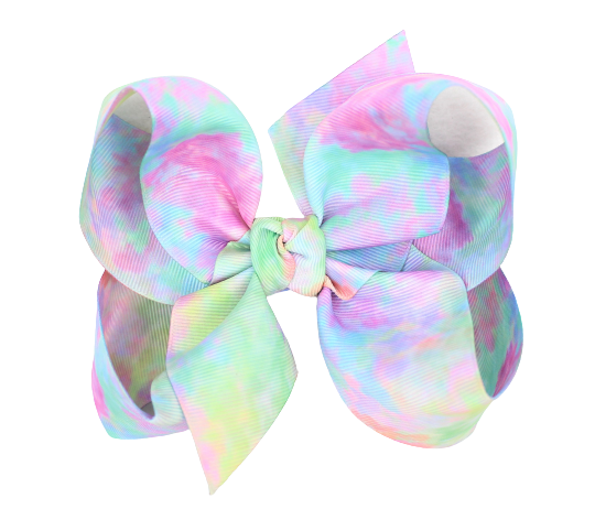 TYE DYE BOWS: 5.5" XL. TIE DYED BOW W/ KNOT ON ALLIGATOR CLIP